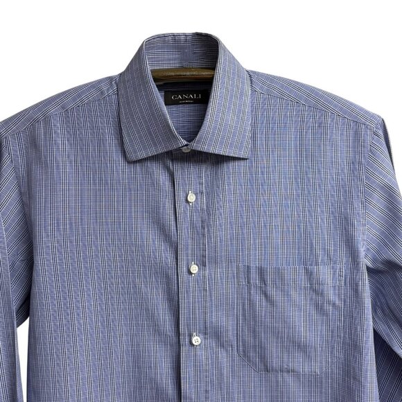 Canali Blue Plaid Luxe Cotton Italy Button Up Dress Shirt - Picture 4 of 8